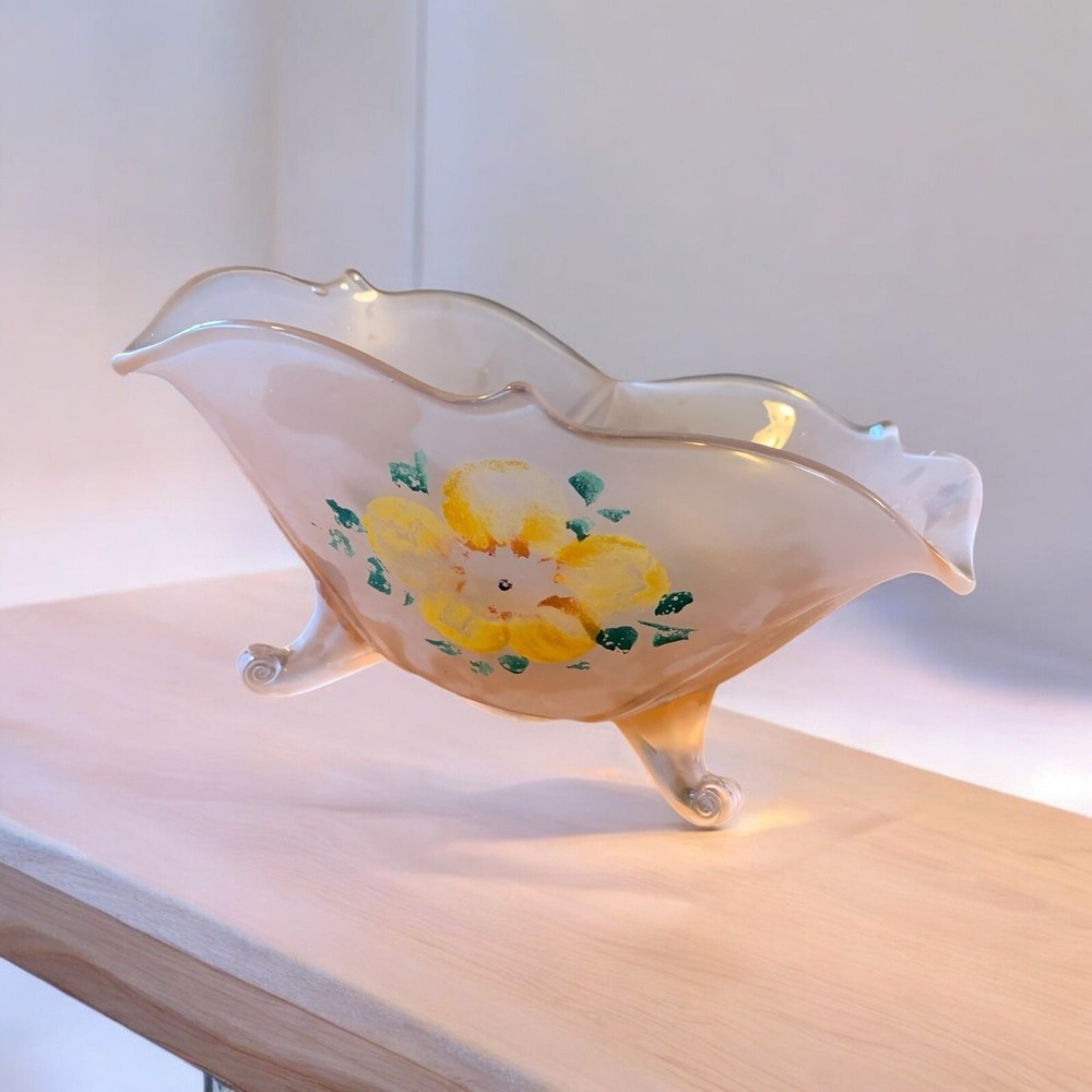 Lancaster Depression Glass Bowl 3 Footed With Flower ‎ Painted 8x4 Pink